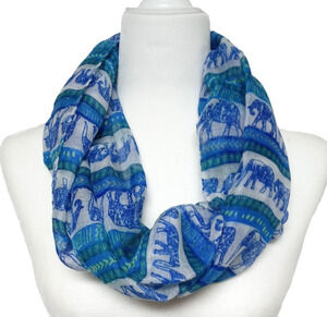 Womens Infinity Scarf Hijab Wrap Blue White Elephant Print Chevron Ikat 35x20
